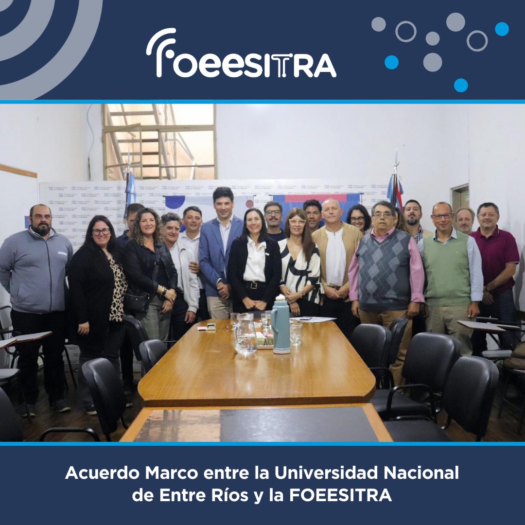 ACUERDO MARCO CON LA UNIVERSIDAD NACIONAL DE ENTRE RÍOS El pasado 9 de mayo se firmó en Paraná un Acuerdo Marco de cooperación entre FOEESITRA y la Facultad de Ciencias de la Educación de la UNER (Universidad Nac. de Entre Ríos). El acuerdo, que fue gestionado por el Sindicato de las Telecomunicaciones de Entre Ríos (SOEESITER), tiene por objeto el trabajo conjunto entre la Universidad y la Federación, a través del Instituto de Estudios y Formación de la FOEESITRA (Fundación IDEFF), como así también del Observatorio Federal. Participaron del acto Aixa Boeykens, Decana de Ciencias de la Educación de la UNER, los miembros del Secretariado Nacional, Cristian Vander y Claudia Catalano, quienes llevaron el saludo del Secretario General Daniel Rodríguez que no pudo asistir, como así también Directivos y Delegados/as del Sindicato de las Telecomunicaciones de Entre Ríos y autoridades del Observatorio Federal de las Telecomunicaciones y Tecnologías de la Federación.